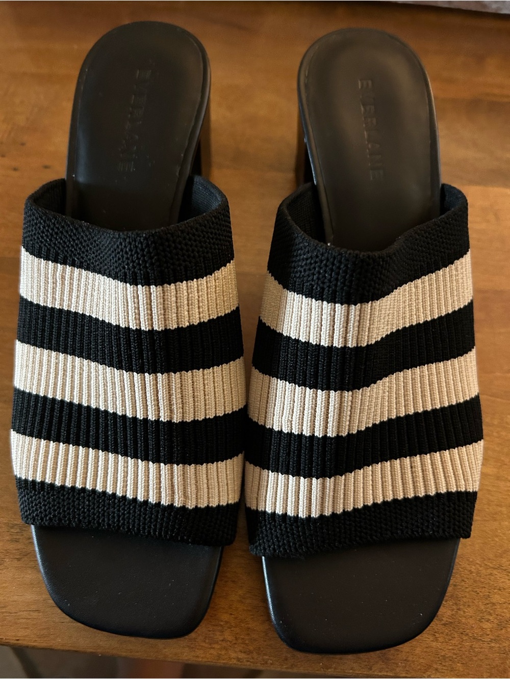 Everlane Black and Cream Striped Knit Slide Mules